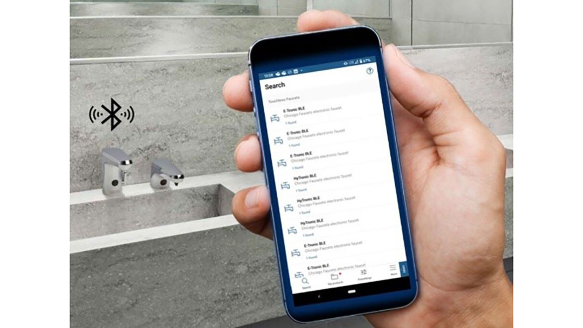 Chicago Faucets: CF Connect app offers easy, intelligent water management for faucets with Bluetooth low energy technology, allowing them to be adjusted and controlled with a smartphone or tablet.