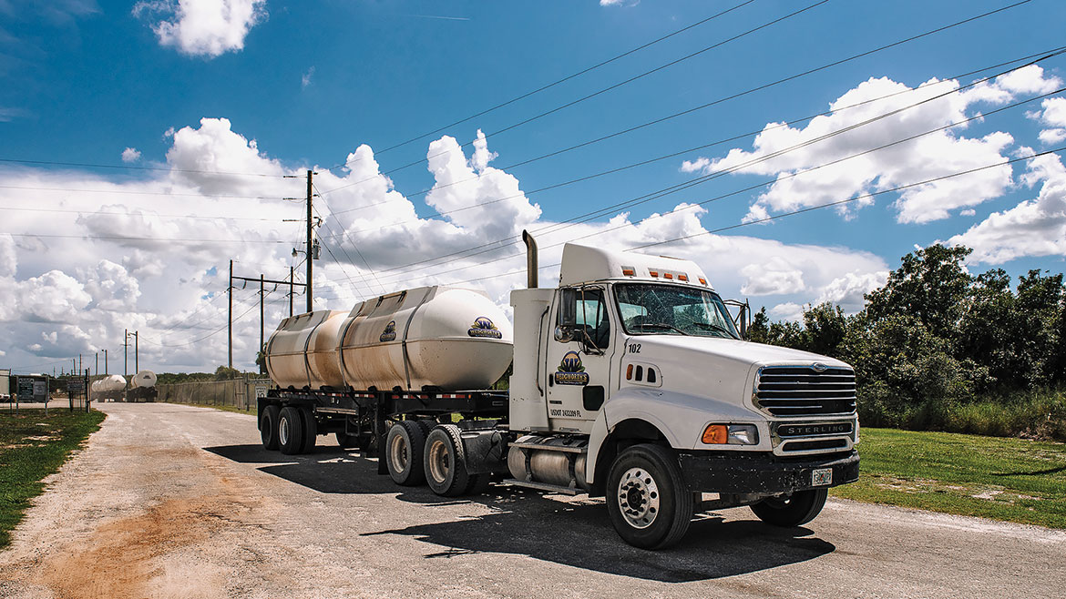 Custom blended liquid fertilizer going out for delivery at Wedgworth’s Lake Placid, Florida, facility.